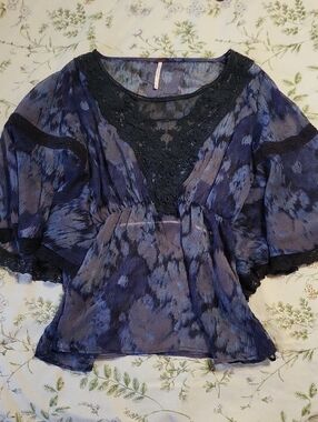 Women's Navy Blue Lace-Trim Blouse